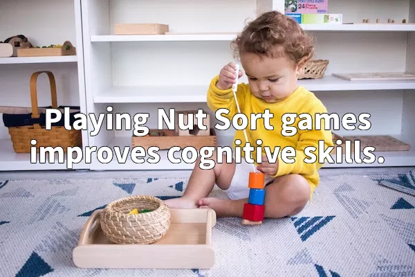 Ilustración que muestra cómo jugar a Nut Sort puede mejorar las habilidades cognitivas, como el enfoque y el pensamiento estratégico.